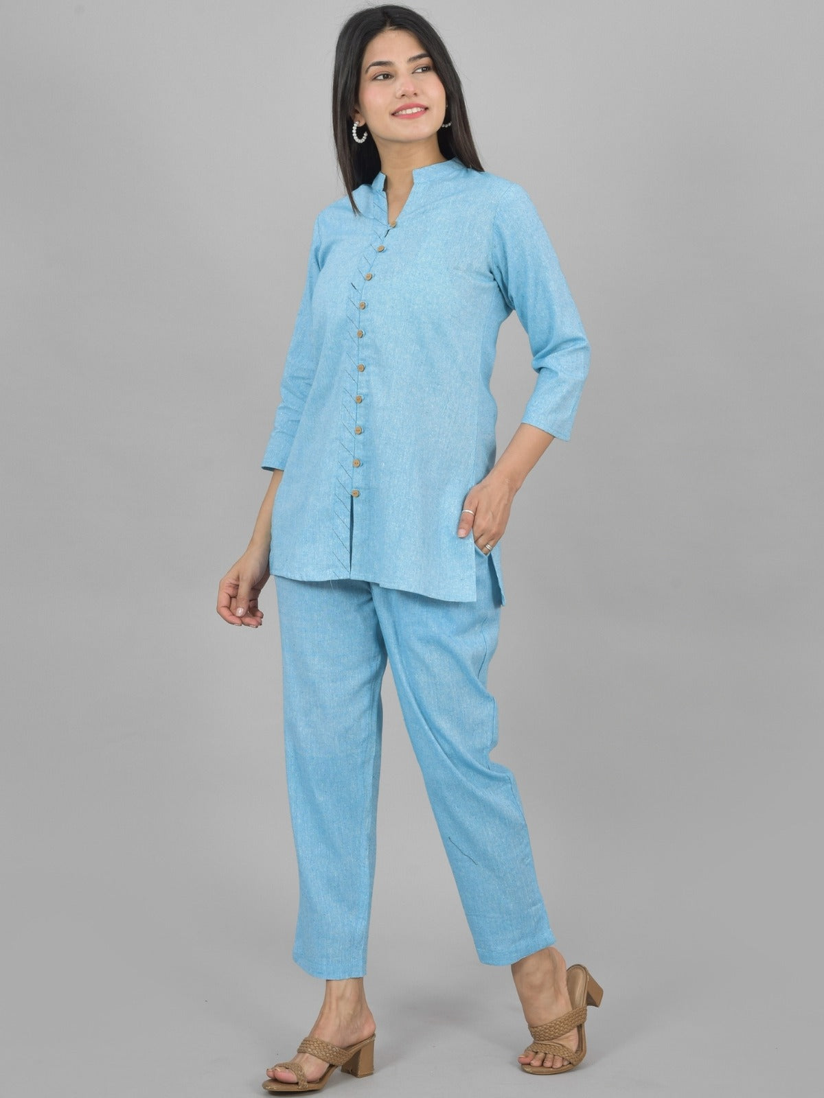 Quaclo Womens Solid Sky Blue Cotton Top-Pyjama Co-Ords Set
