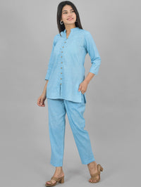 Quaclo Womens Solid Sky Blue Cotton Top-Pyjama Co-Ords Set