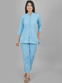 Quaclo Womens Solid Sky Blue Cotton Top-Pyjama Co-Ords Set