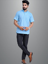 Pack of 2 Mens Solid Blue And Sky Blue Khadi Cotton Short Kurta Combo