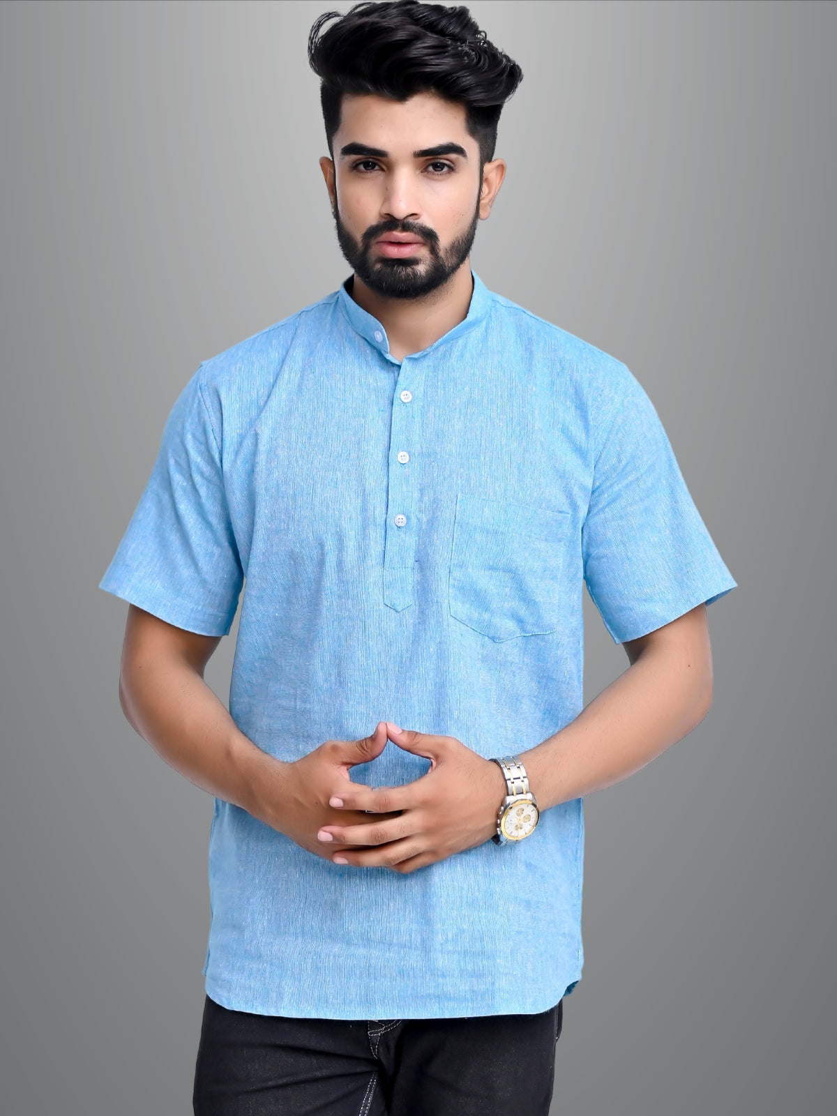 Pack of 2 Mens Solid Beige And Sky Blue Khadi Cotton Short Kurta Combo