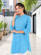 SkyBlue Mini Checks Cotton Short Kurti