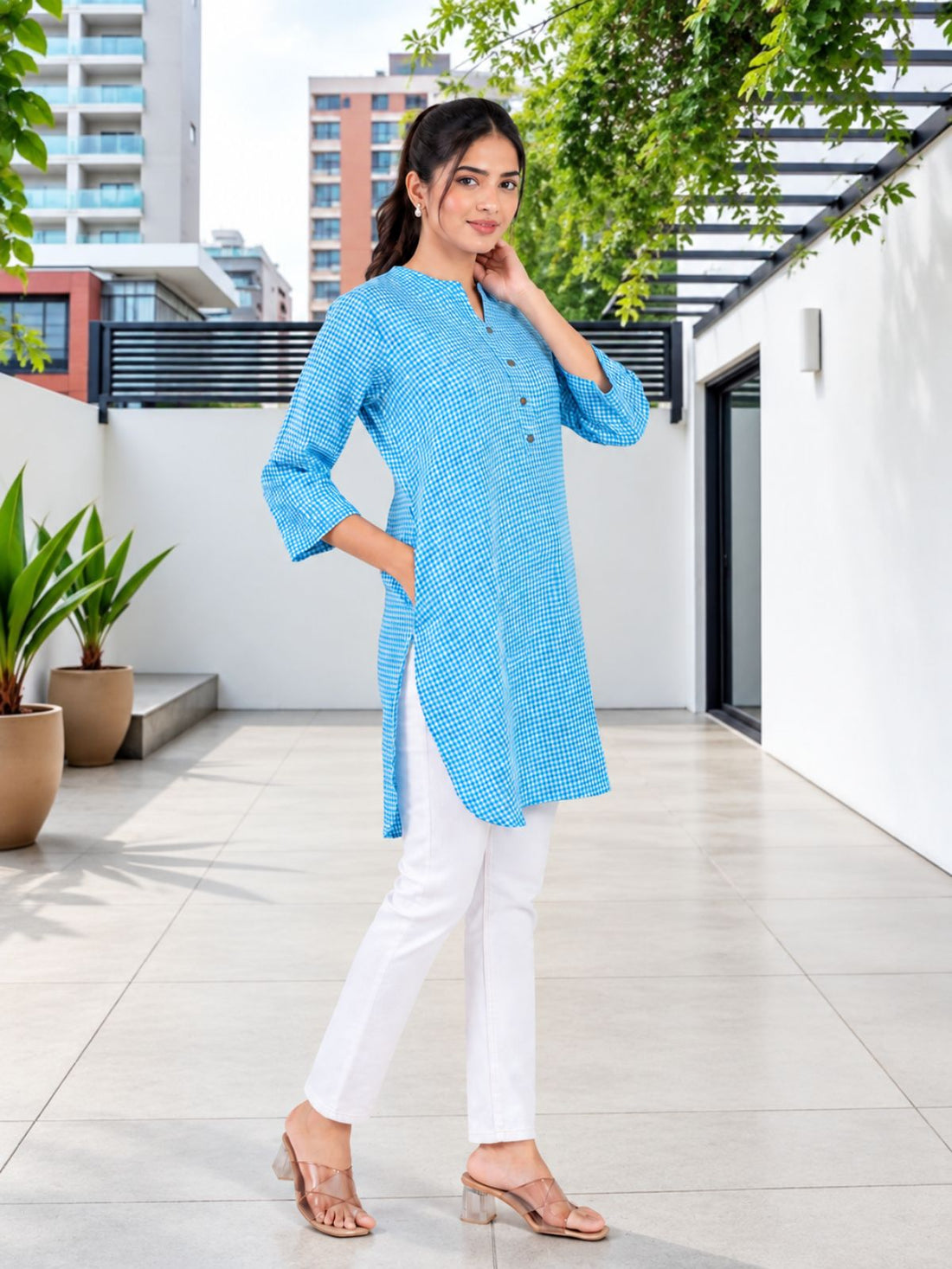 SkyBlue Mini Checks Cotton Short Kurti