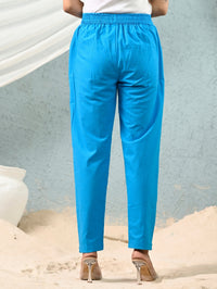 Women's Sky-Blue Regular Fit Elastic Cotton Trouser