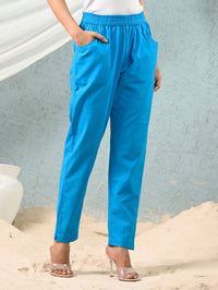 Women's Sky-Blue Regular Fit Elastic Cotton Trouser