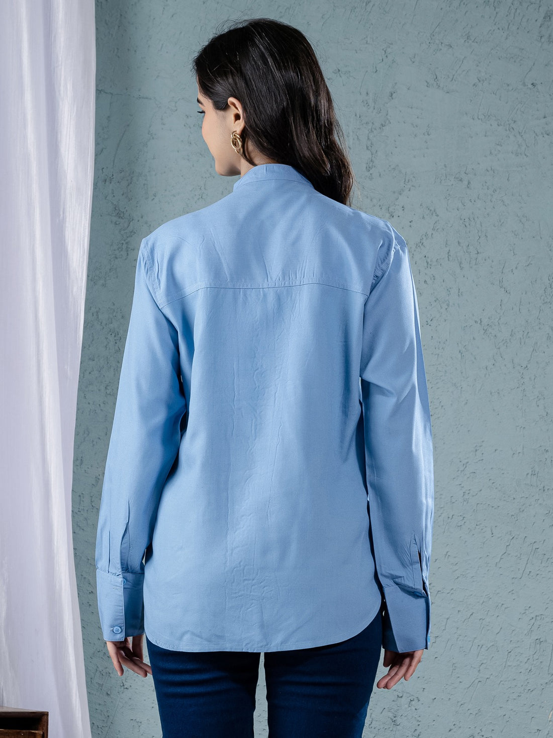 Women Solid Sky Blue Viscose Shirt