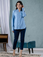 Women Solid Sky Blue Viscose Shirt