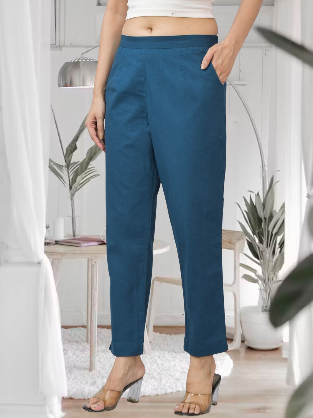 Teal Blue Half Elastic Airy Linen Cotton Pants