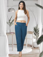Teal Blue Half Elastic Airy Linen Cotton Pants