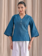 Teal Blue Handloom Cotton Anchor Thread Designer Top
