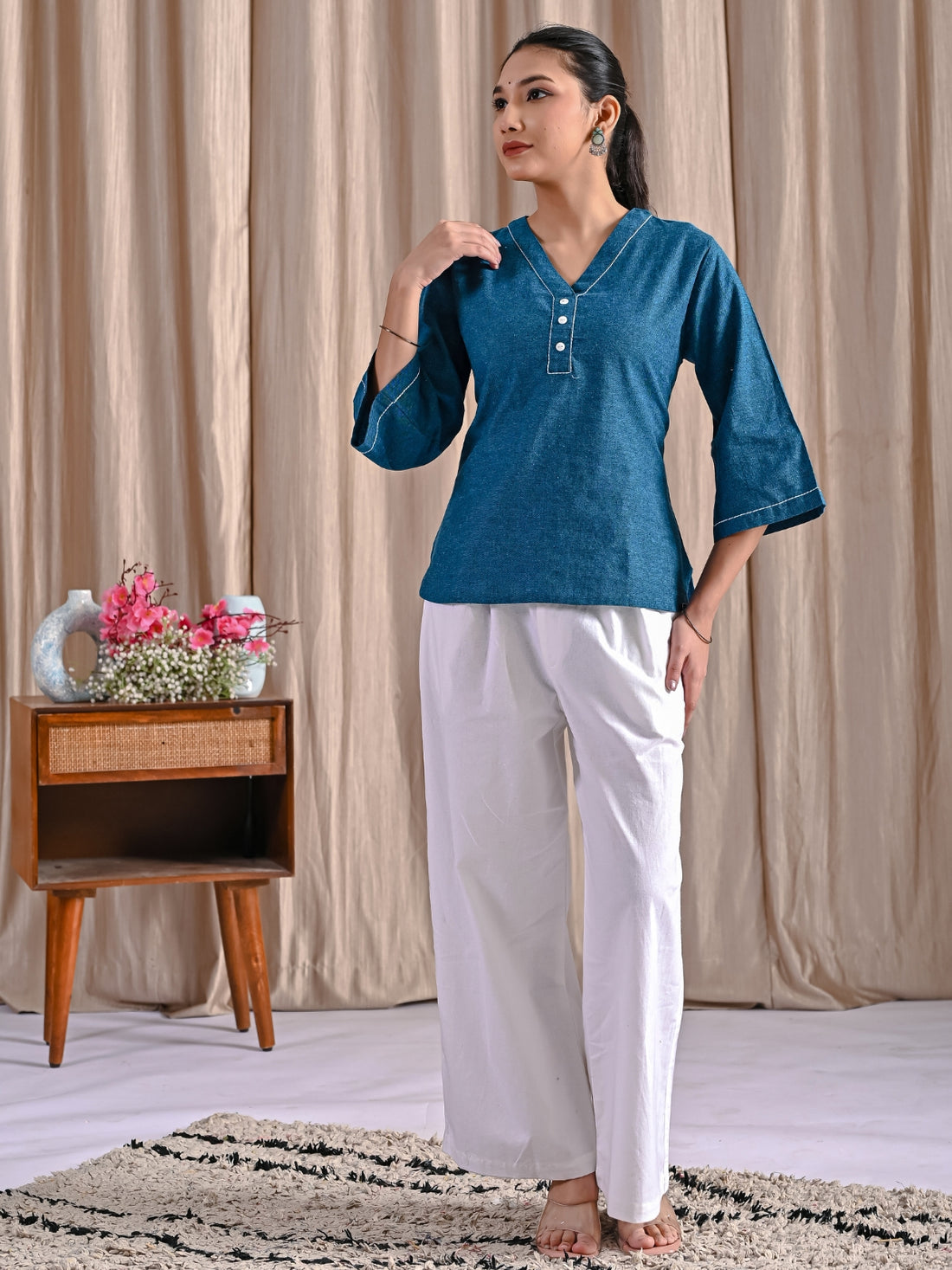 Teal Blue Handloom Cotton Anchor Thread Designer Top
