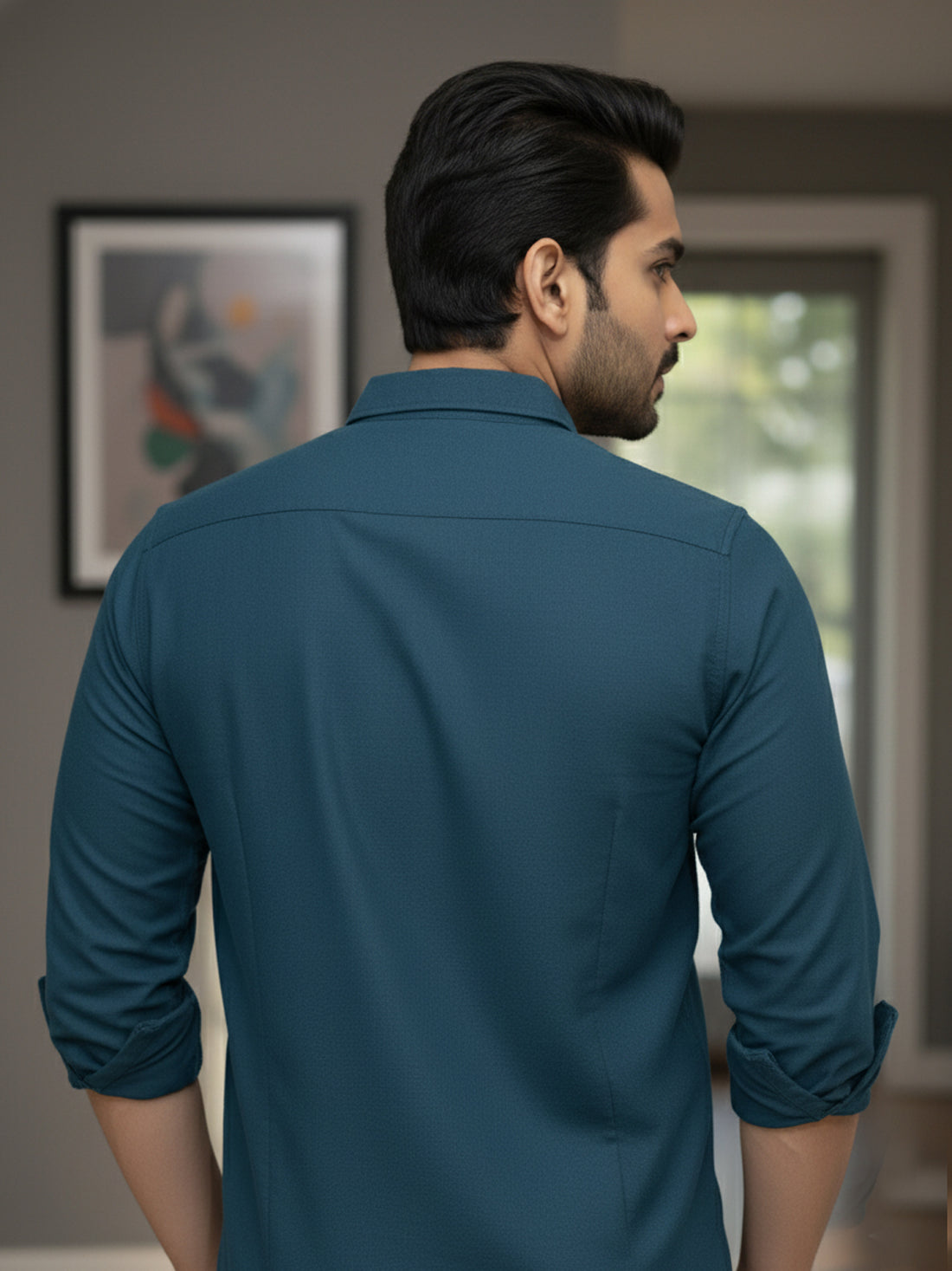 Mens Solid Teal Blue Full Sleeve Cotton Blend Shirt