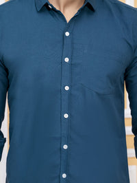 Mens Solid Teal Blue Full Sleeve Cotton Blend Shirt