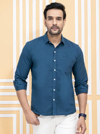 Mens Solid Teal Blue Full Sleeve Cotton Blend Shirt