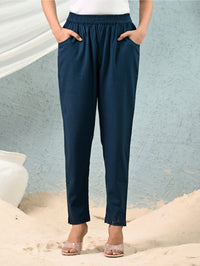 Women's Teal-Blue Regular Fit Elastic Cotton Trouser