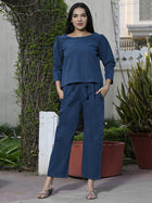 Womens Solid Teal Blue Cotton Top-Pyjama Co-Ords Set