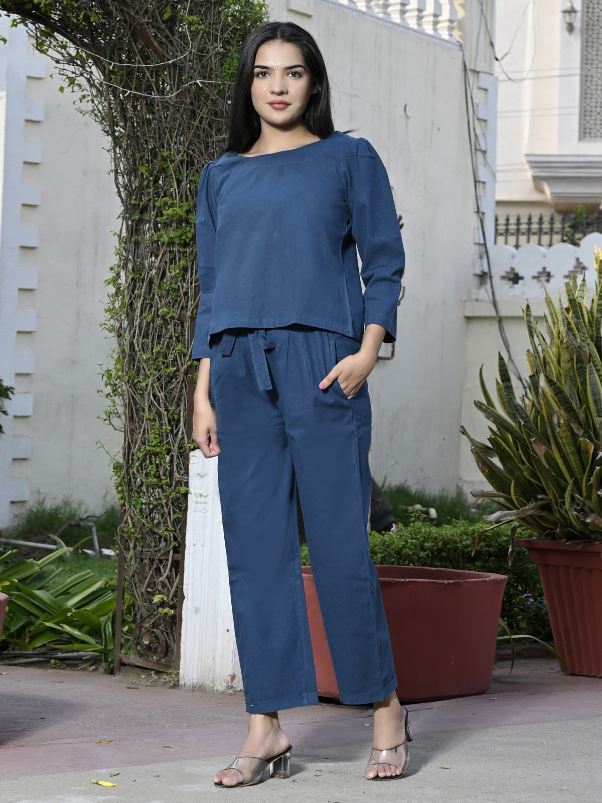 Quaclo Womens Solid Teal Blue Cotton Top-Pyjama Co-Ords Set