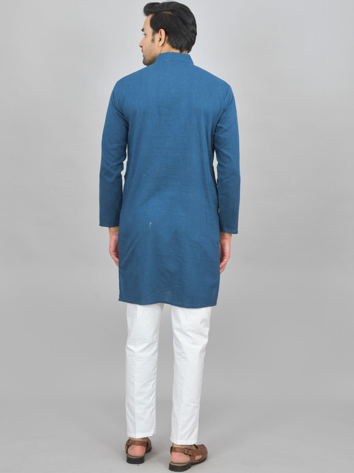 Quaclo Mens Solid Teal Blue Cotton Long Kurta