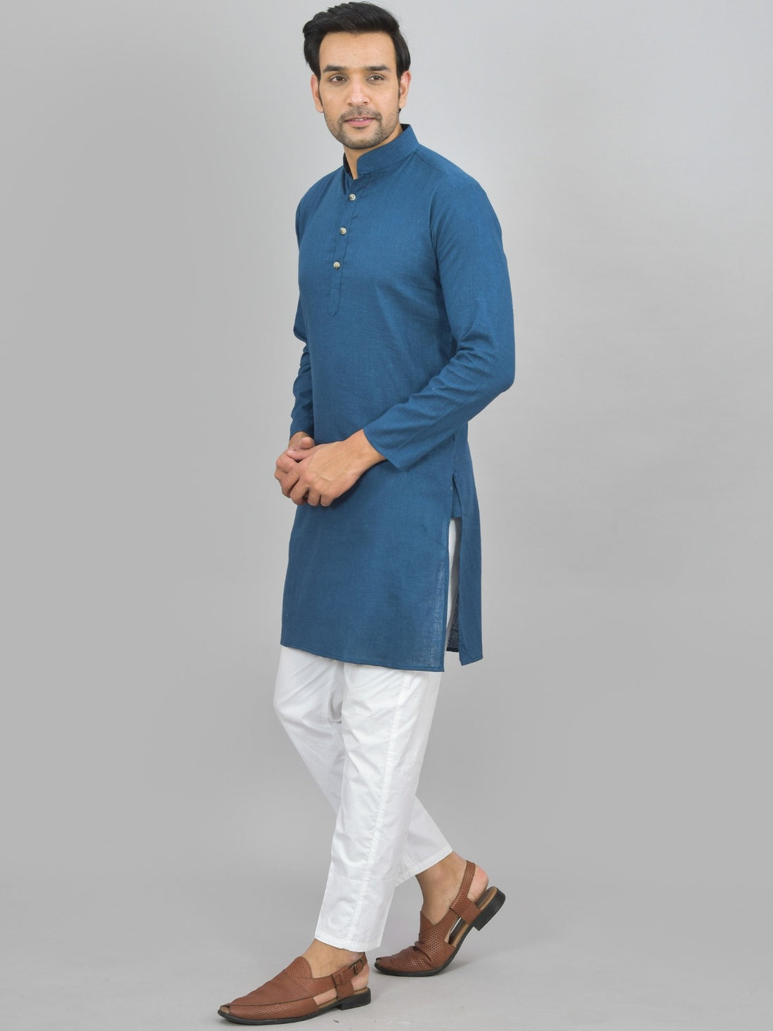 Mens Solid Teal Blue And White Cotton Long Kurta Combo