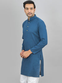 Quaclo Mens Solid Teal Blue Cotton Long Kurta