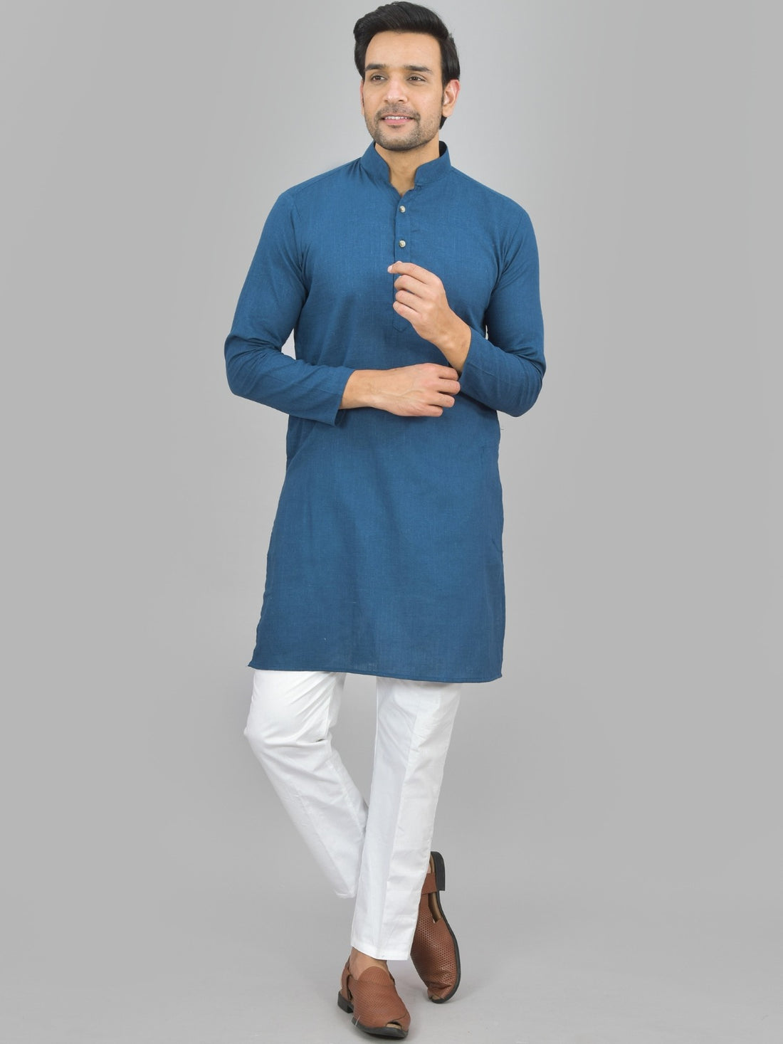 Mens Solid Teal Blue And Rani Cotton Long Kurta Combo