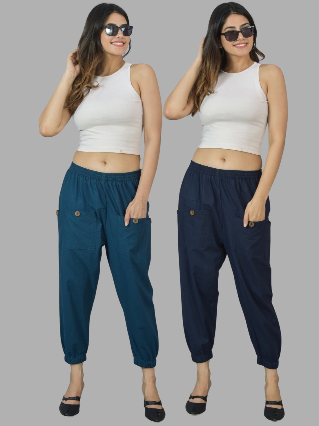 Combo Pack Of Womens Teal Blue And Dark Blue Four Pocket Cotton Cargo Pants