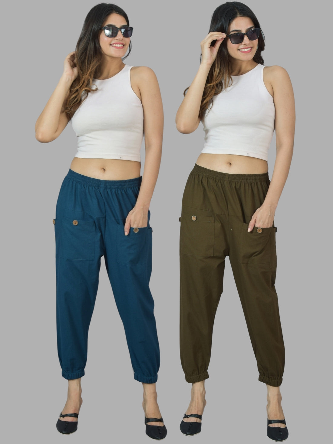 Combo Pack Of Womens Teal Blue And Dark Green Four Pocket Cotton Cargo Pants