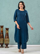 Womens Solid Teal Blue Cotton Kurta Plazzo Set