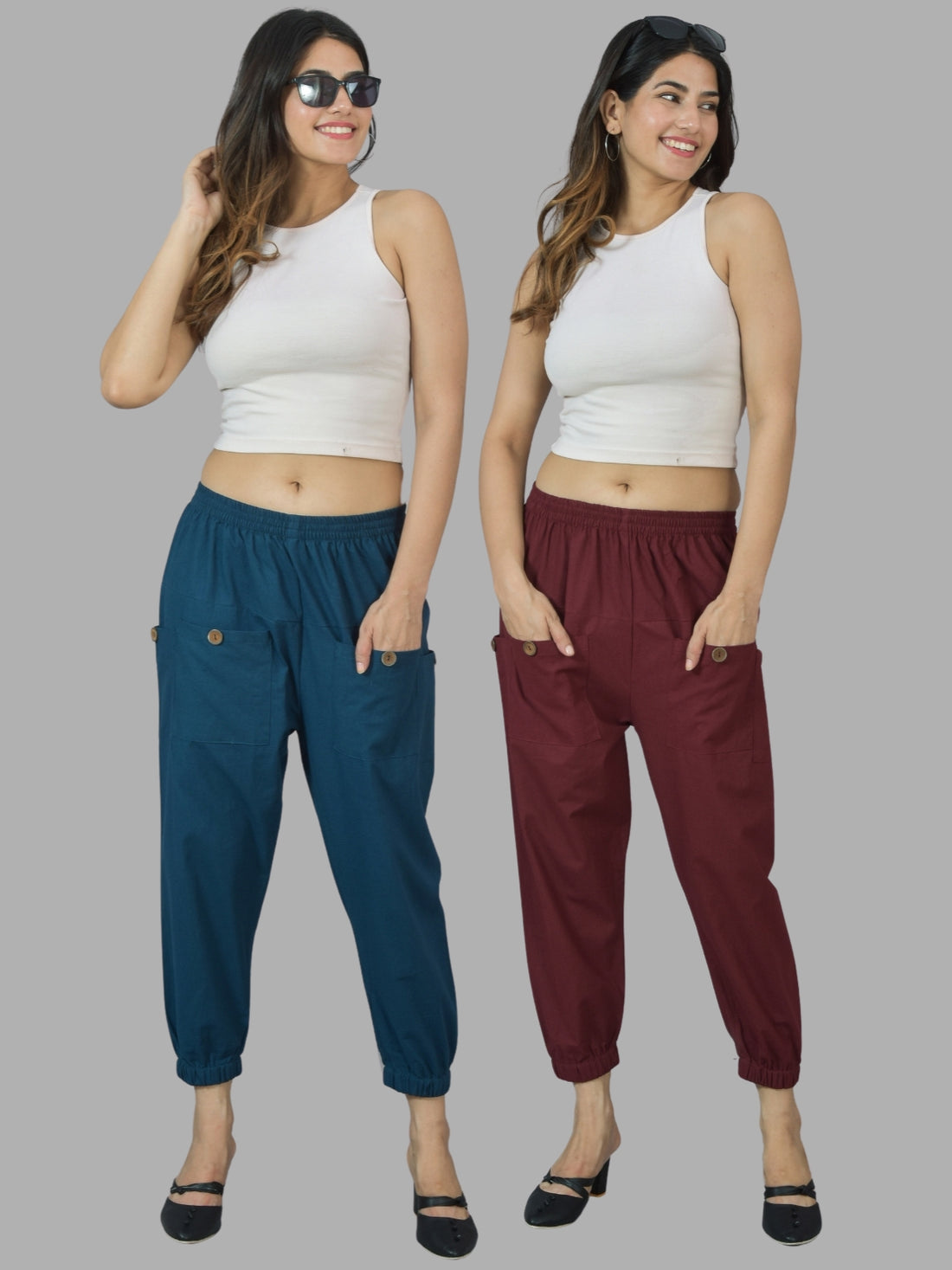 Combo Pack Of Womens Teal Blue And Maroon Four Pocket Cotton Cargo Pants