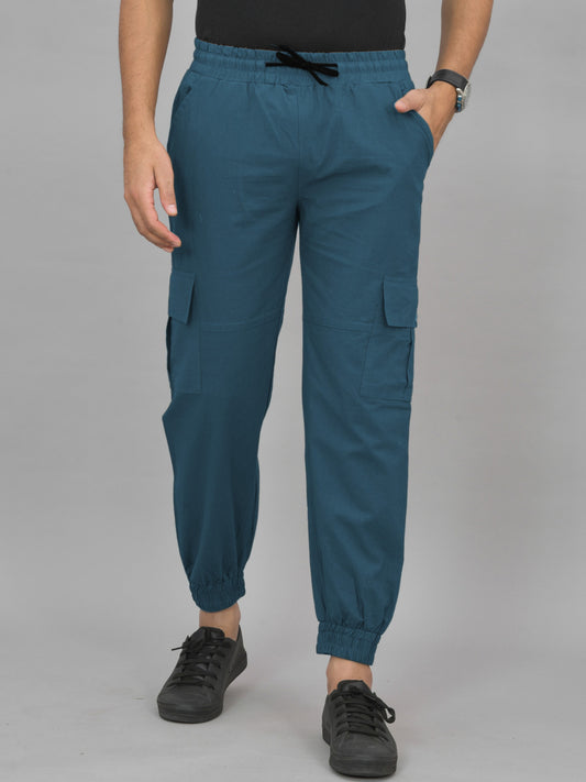 Mens Teal Blue Regular Fit 5 Pocket Cotton Cargo Pants