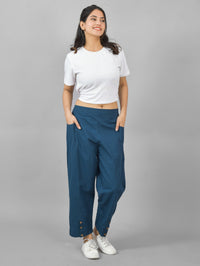 Combo Pack Of Womens White And Teal Blue Side Pocket Straight Cargo Pants