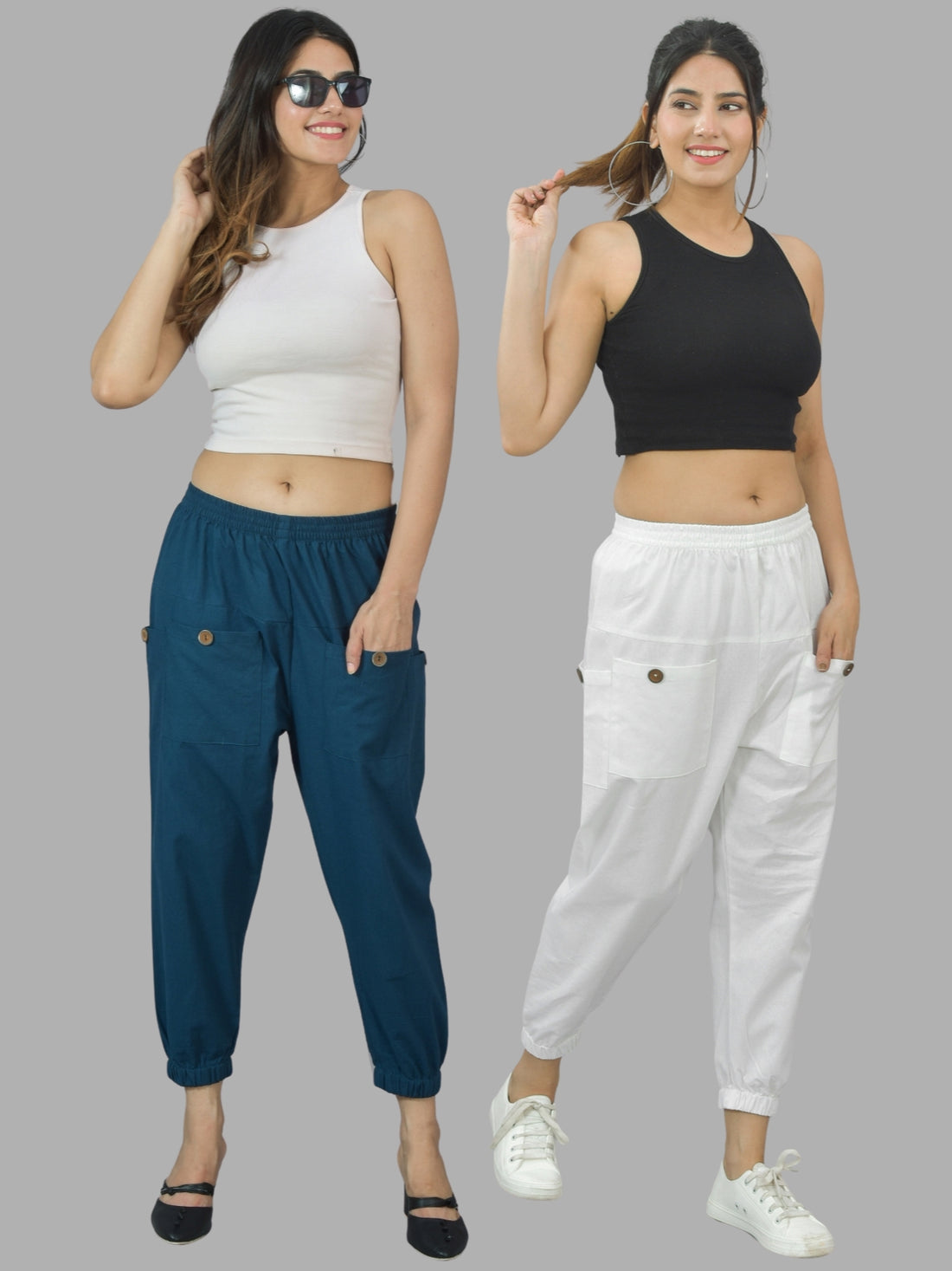 Combo Pack Of Womens Teal Blue And White Four Pocket Cotton Cargo Pants