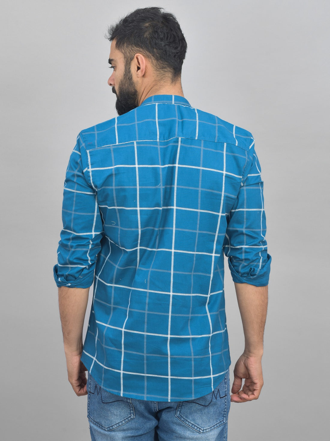 Quaclo Mens Teal Blue Wide Check Cotton Short Kurta
