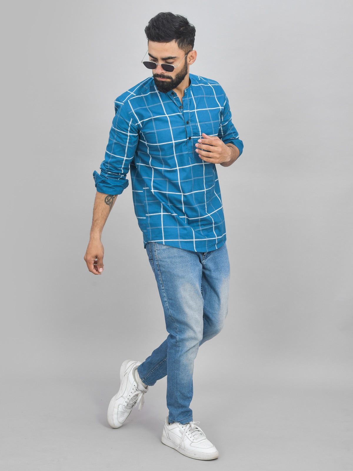 Pack Of 2 Mens Ice Blue And Teal Blue Wide Check Cotton Short Kurta Combo