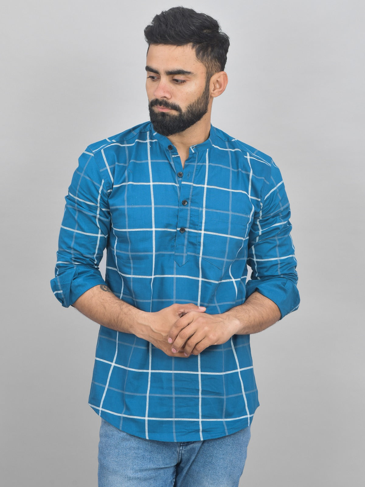 Pack Of 2 Mens Navy Blue And Teal Blue Wide Check Cotton Short Kurta Combo