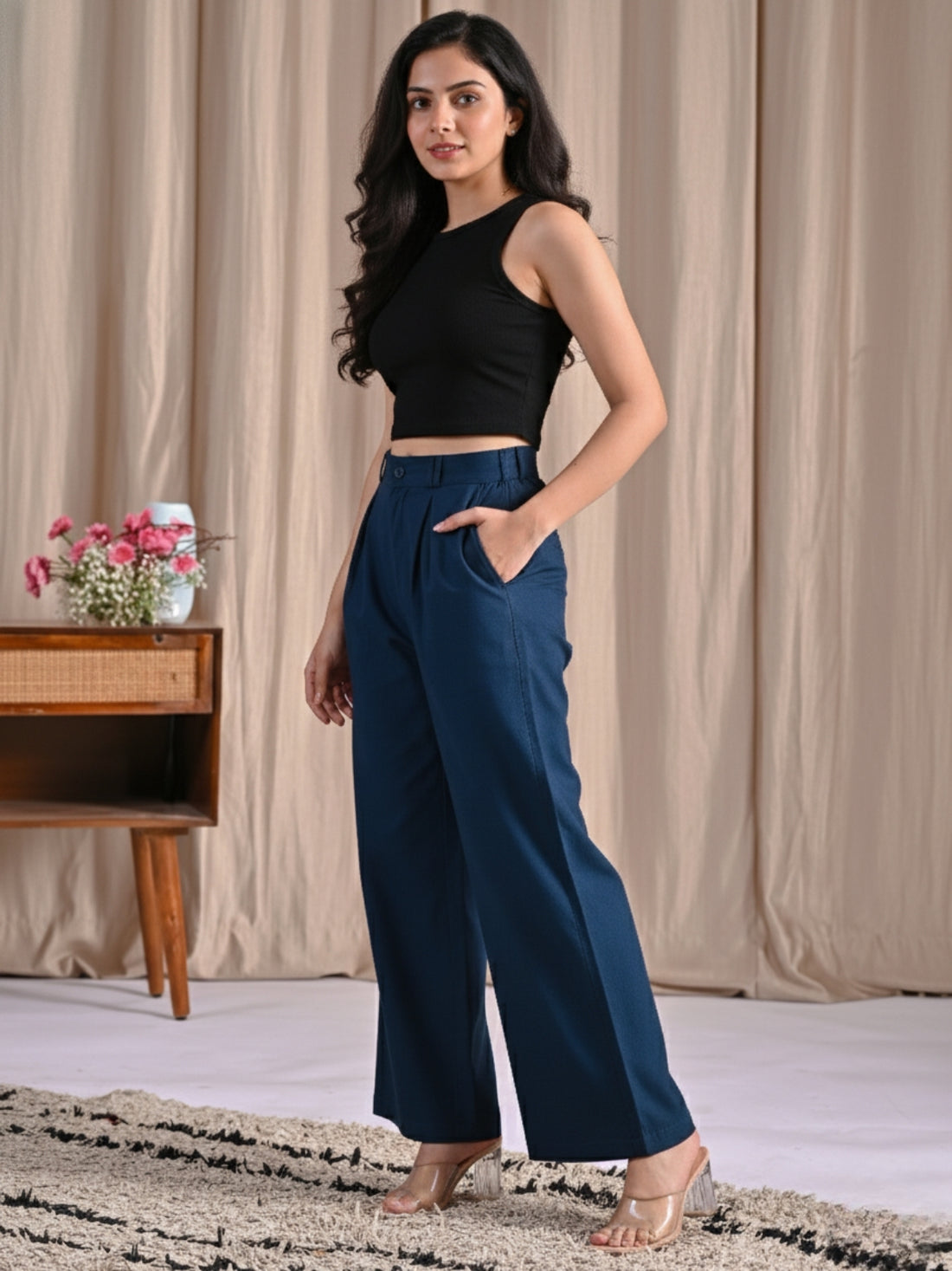 Womens Teal Blue Cotton Wide Leg Pants