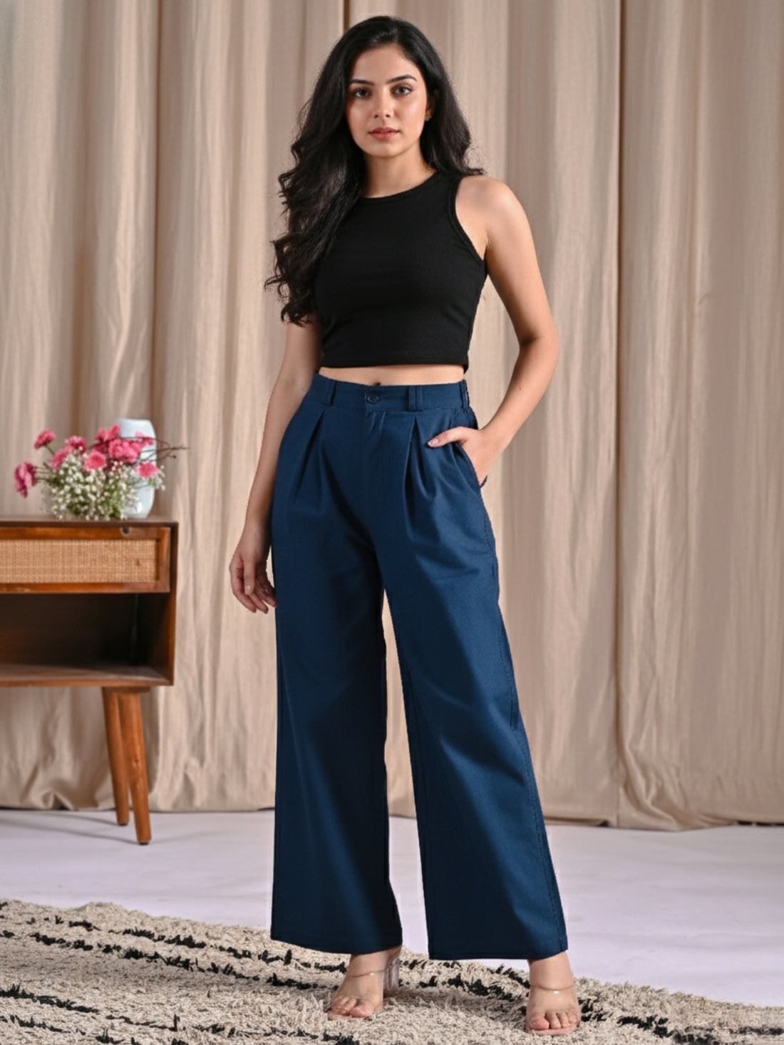Pack Of 2 Teal Blue And Wine Women Cotton Wide Leg Pants