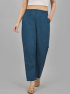 Womens Teal Blue Regular Fit Cotton Formal Trouser