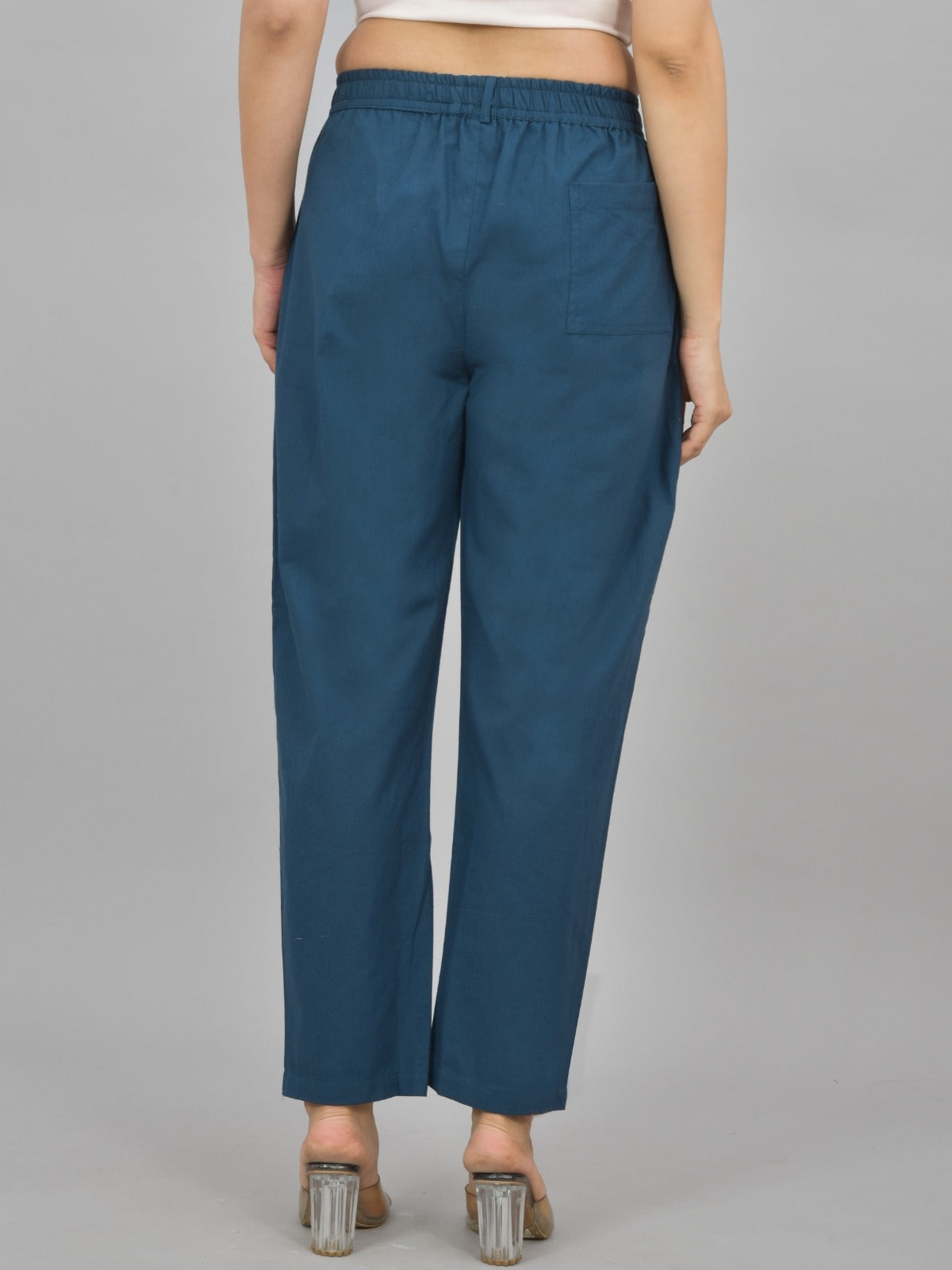 Womens Teal Blue Regular Fit Cotton Formal Trouser