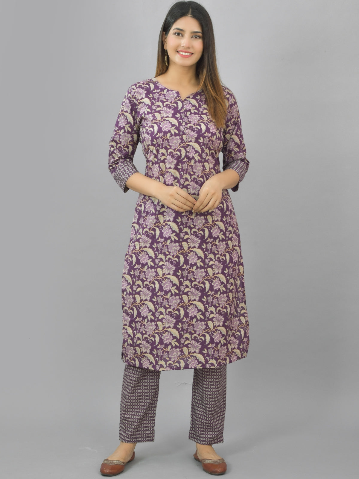 Womens Violet Flower Printed Kurti And Pant Set