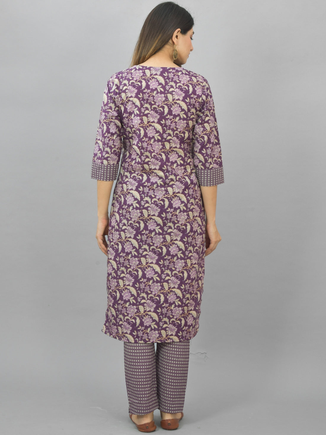 Womens Violet Flower Printed Kurti And Pant Set