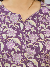 Womens Violet Flower Printed Kurti And Pant Set