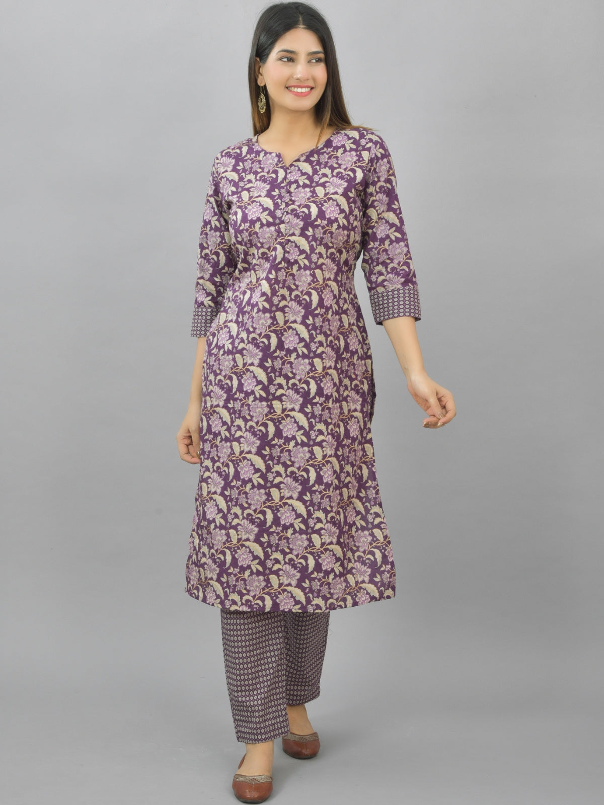 Womens Violet Flower Printed Kurti And Pant Set