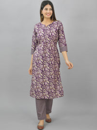 Womens Violet Flower Printed Kurti And Pant Set