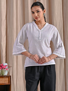 White Handloom Cotton Anchor Thread Designer Top