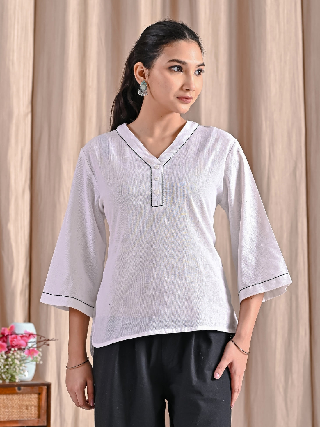 Pack Of 2 Teal Blue And White Handloom Cotton Anchor Thread Designer Tops