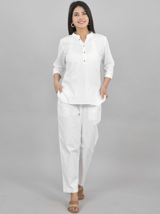 Quaclo Womens Solid White Cotton Top-Pyjama Co-Ords Set