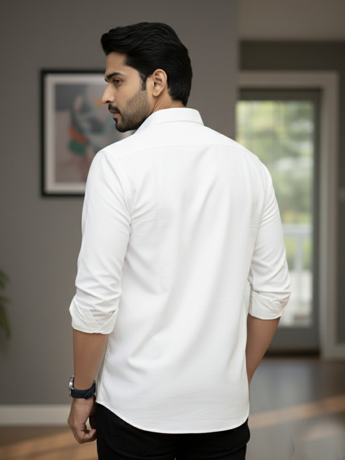 Mens Solid White Full Sleeve Cotton Blend Shirt