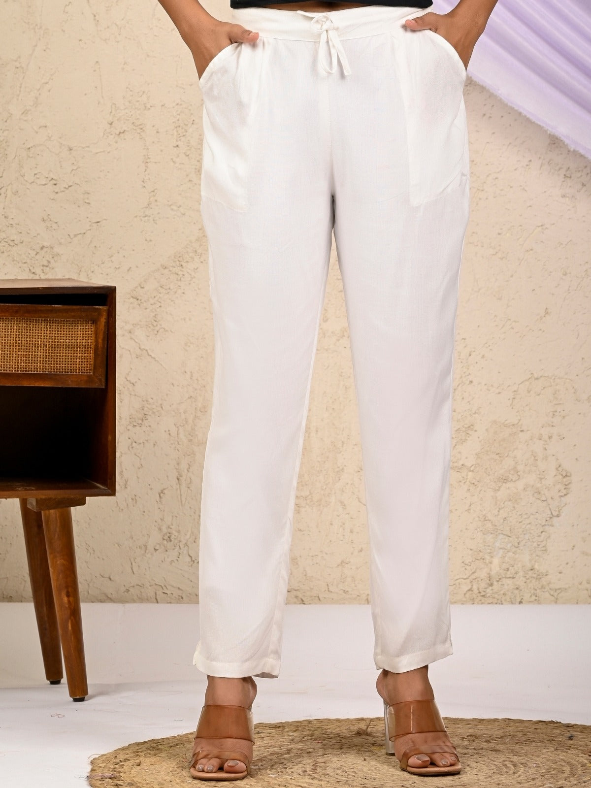 Women Regular Fit White Rayon Trouser