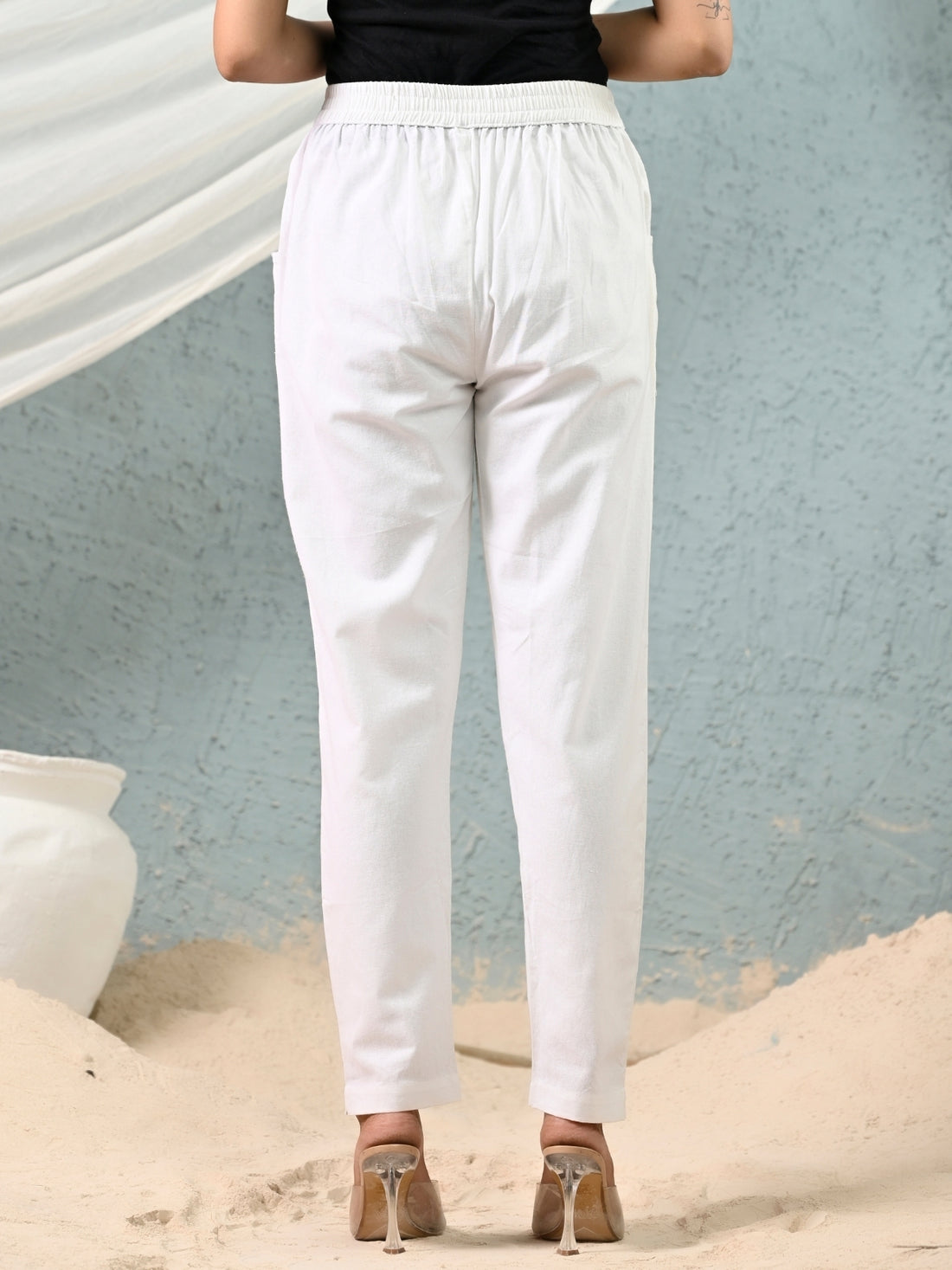 Women's White Regular Fit Elastic Cotton Trouser